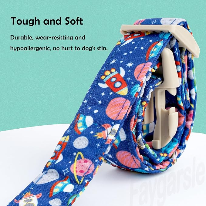 Faygarsle Space Theme Dog Collar, Navy Blue with Rockets and Planets Pattern for Summer Small Medium Large Dogs, L