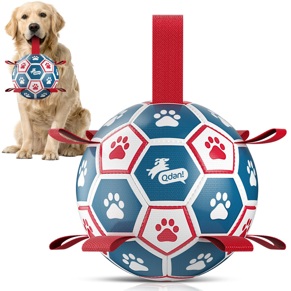 QDAN Dog Toys Soccer Ball with Straps：Durable Balls for Large Dogs, Outdoor Dog Toys, Puppy Birthday Gifts (7 Inch)