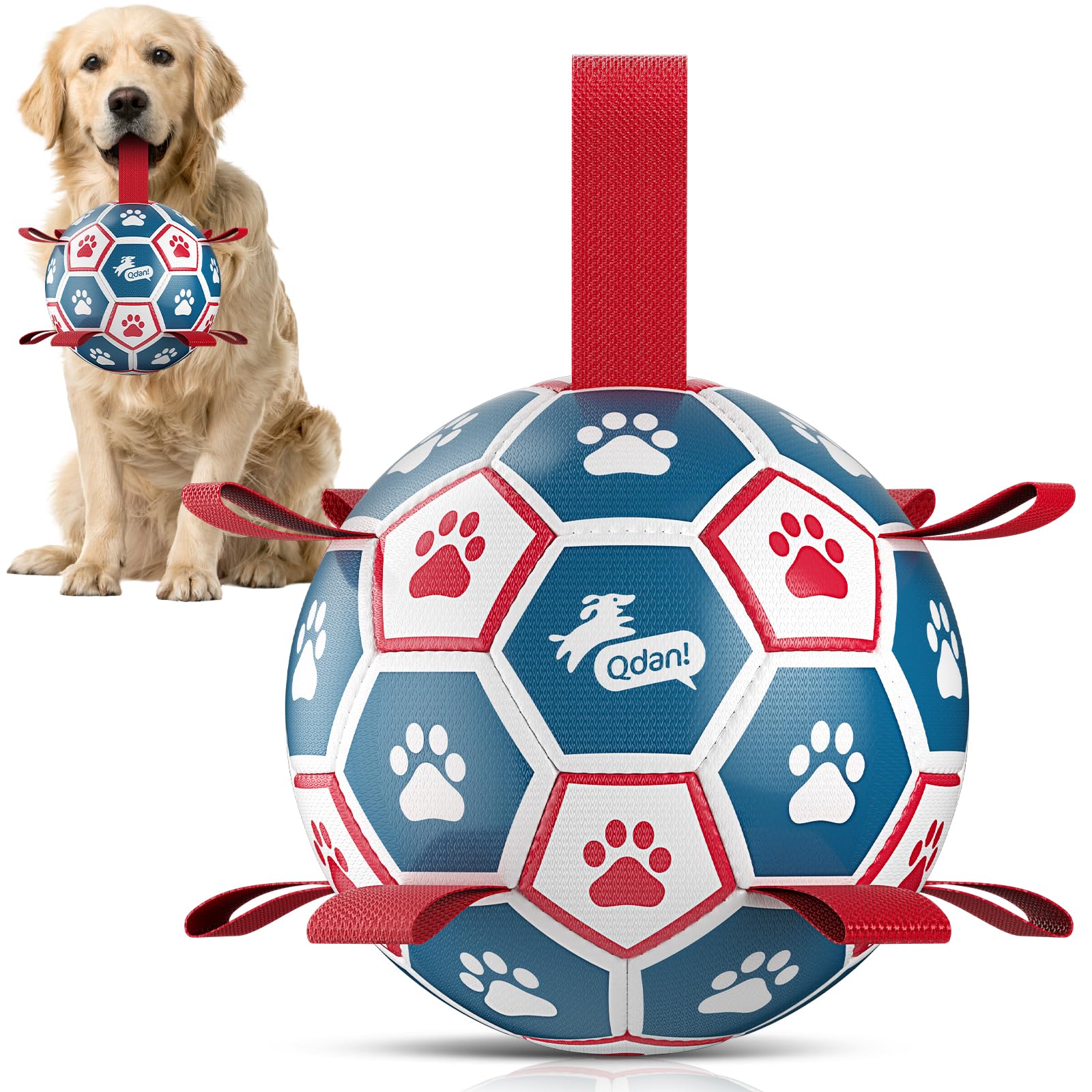 QDAN Dog Toys Soccer Ball with Straps：Durable Balls for Large Dogs, Outdoor Dog Toys, Puppy Birthday Gifts (7 Inch)