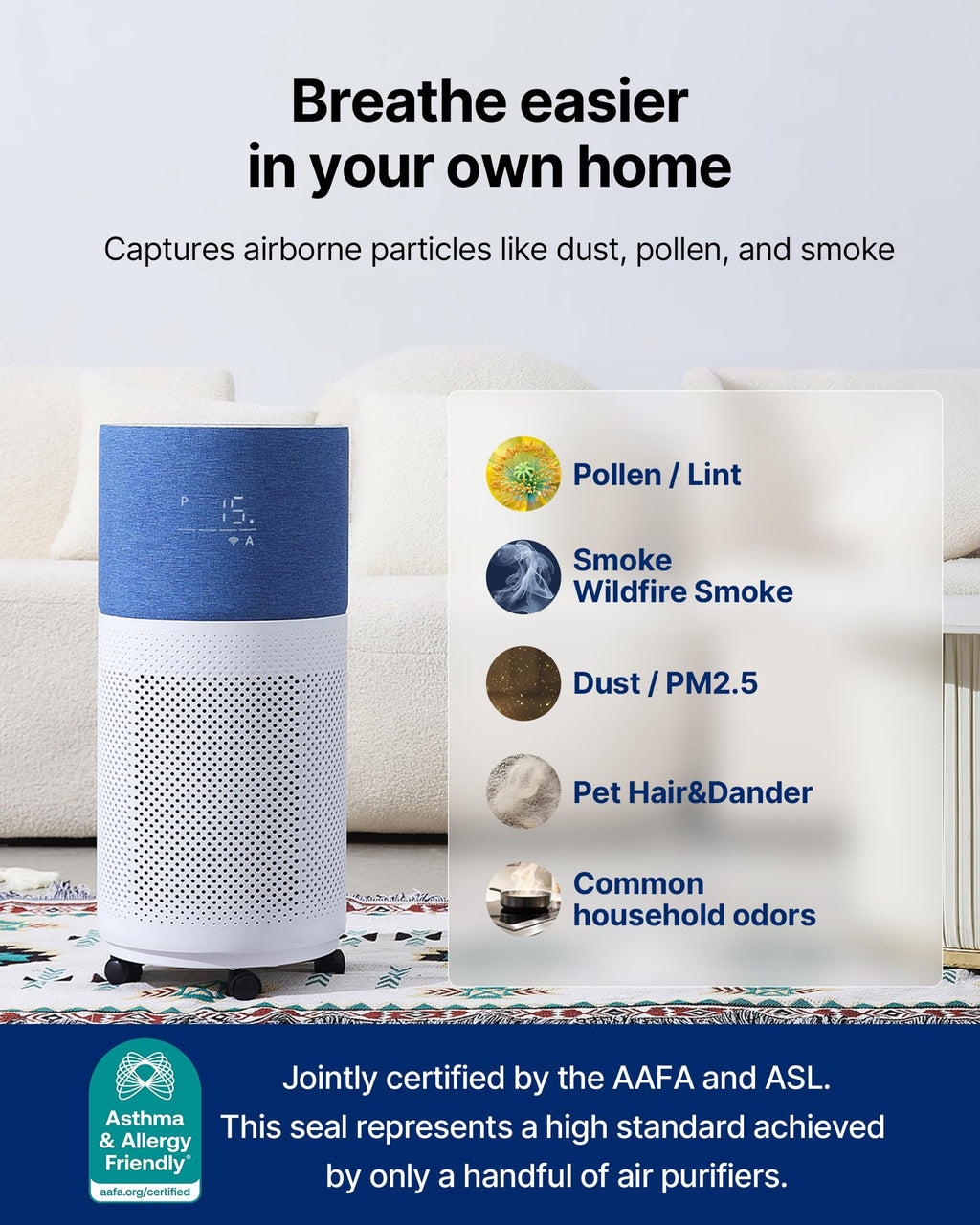 CleanForce Air Purifier for Large Room up to 2,250 ft², H13-Grade HEPA Filtration & Activated Carbon Layer, Captures Dust, Pollen, Smoke & Pet Dander | Smart App & Alexa | Blue, Rainbow Series
