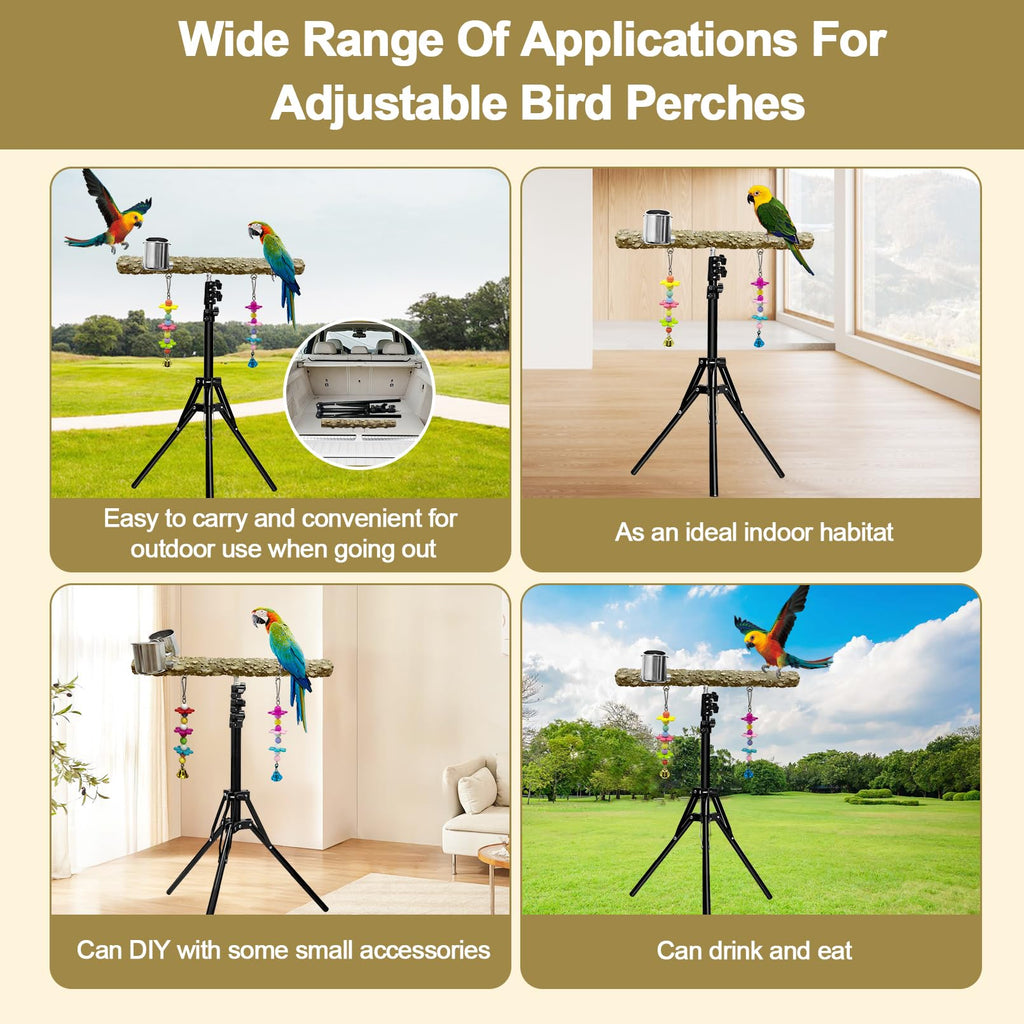 Arfubye 16-63 Inch Height Adjustable Bird Perch Pepper Wood Parrot Training Perch Stand with Feeding Cups and Swing Toy Parakeet Perches Indoor and Outdoor Parrot Stands for Small to Medium Bird