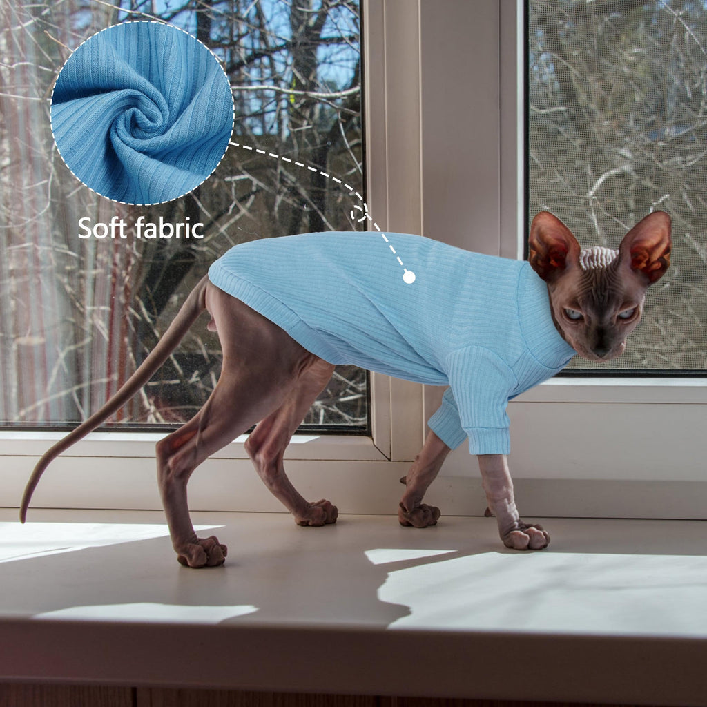 PUMYPOREITY Cat Clothes: Stretchy Shirt, Sweater with Sleeves, Soft Pullover Pajama for Sphynx, Devon Rex Cats - Blue, XS