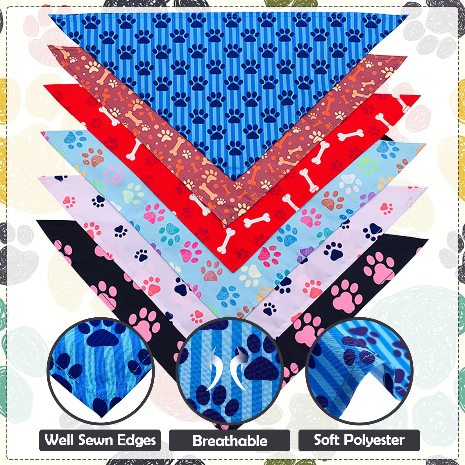 Pai Sence Paw Print Dog Bandanas Bulk for Small Dogs Sewn Edge 18" 30Pcs S