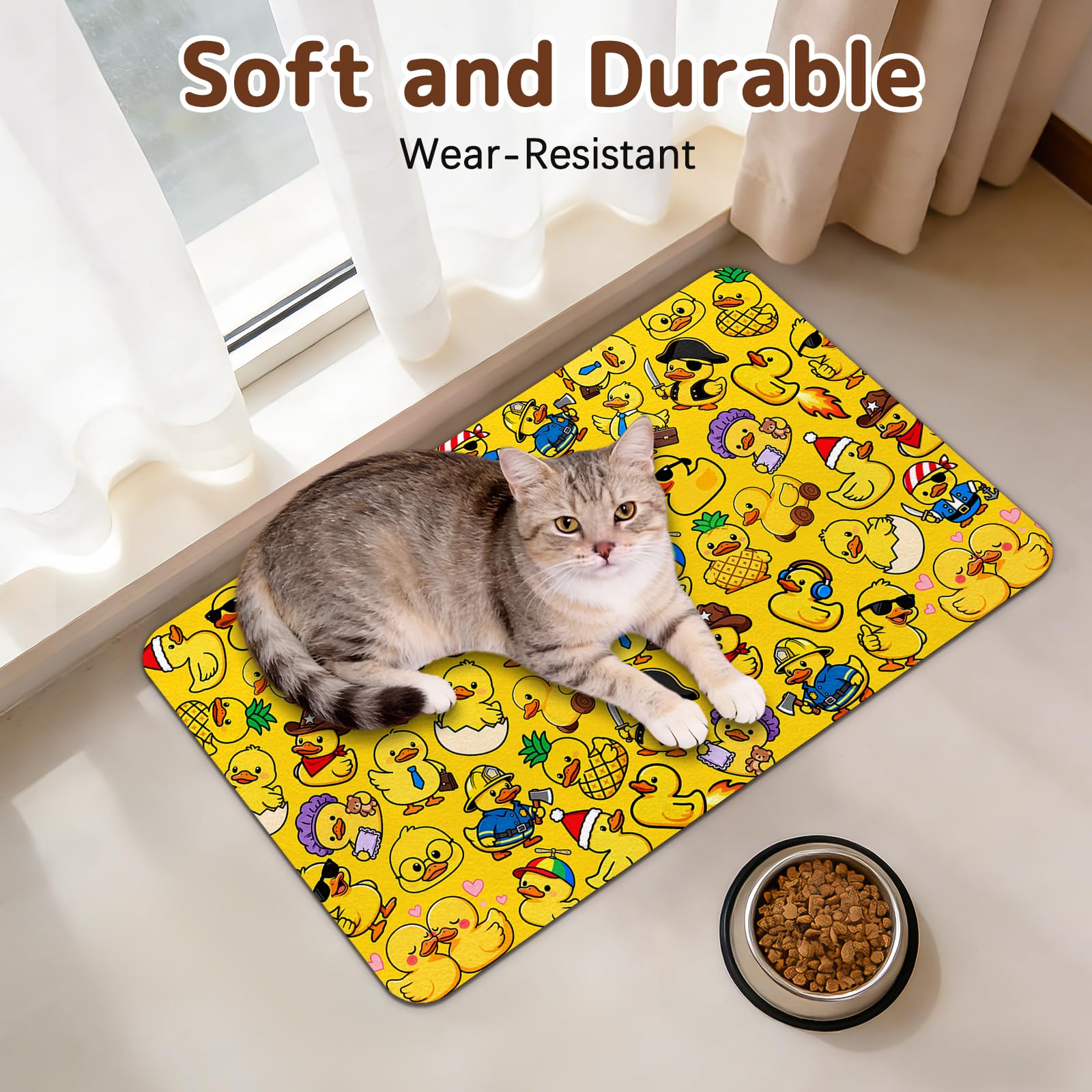 Dog Food Mat for Bowls, Absorbent Quick Dry Dog Cat Mats for Food and Water, Non-Slip Backing Pet Mat Pet Supplies - Duck Pattern