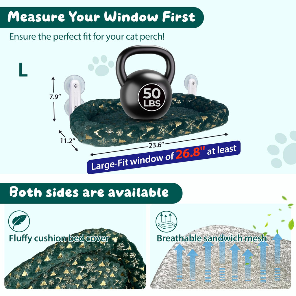 L&W BROS. 2-Pack Foldable Cat Window Perches with Christmas Cushion Bed Easy to Assemble Cats Hammock for Window, Warm Indoor Cat Beds for Large Cats, Edition(L Green)
