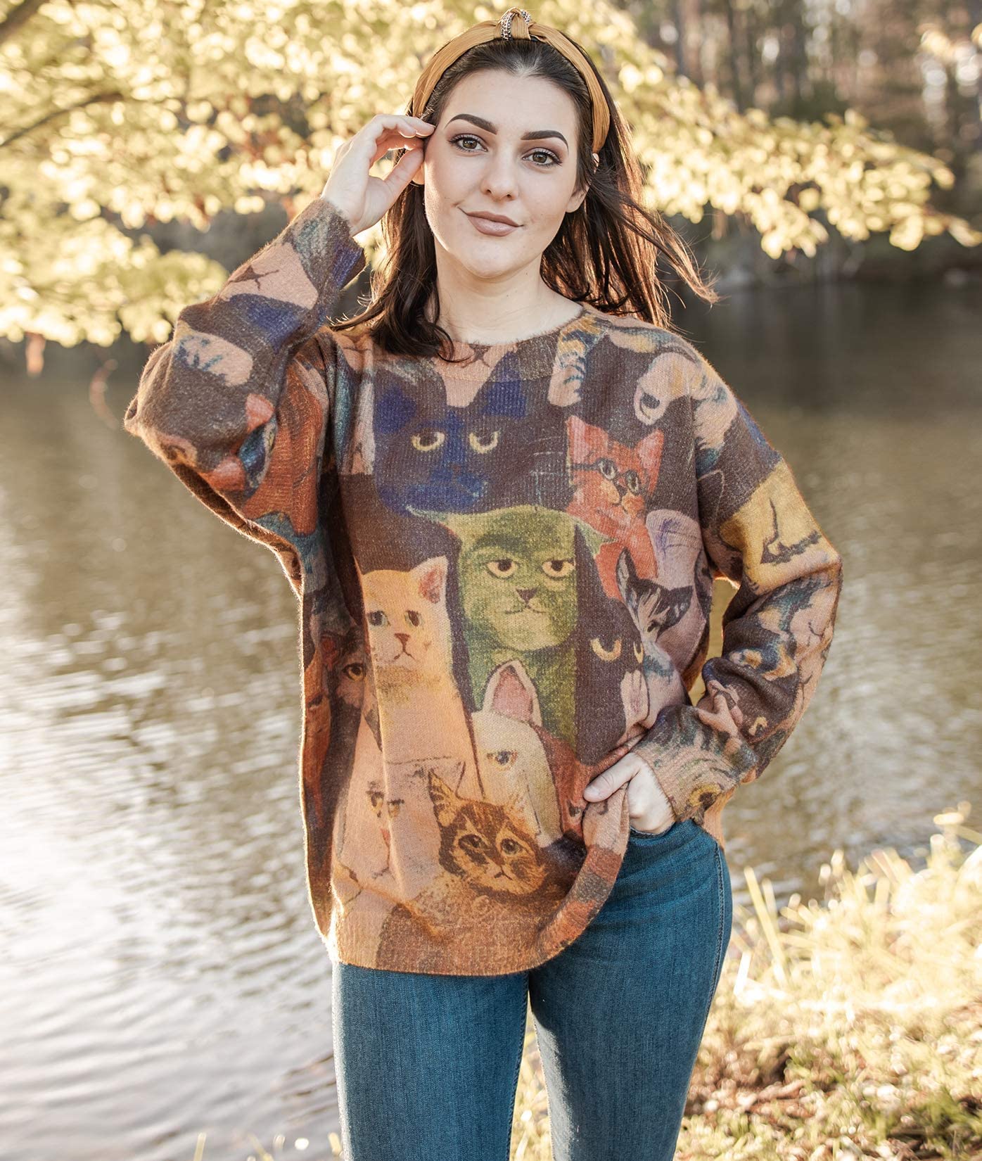 YESNO Women Christmas Sweater Graphic Printed Oversized Pullover Sweaters Casual Loose Knit Tops 2XL S01 CR01
