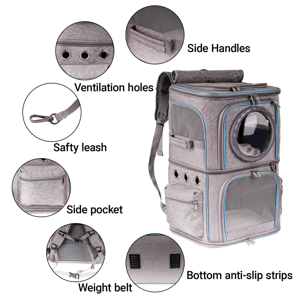2-in-1 Pet Carrier Backpack for Two Cats or One Dog, Double-Layer 2 Compartment Carry Bag to Transport Small Animals Traveling and Hiking, Space Capsule Clear Bubble Dome