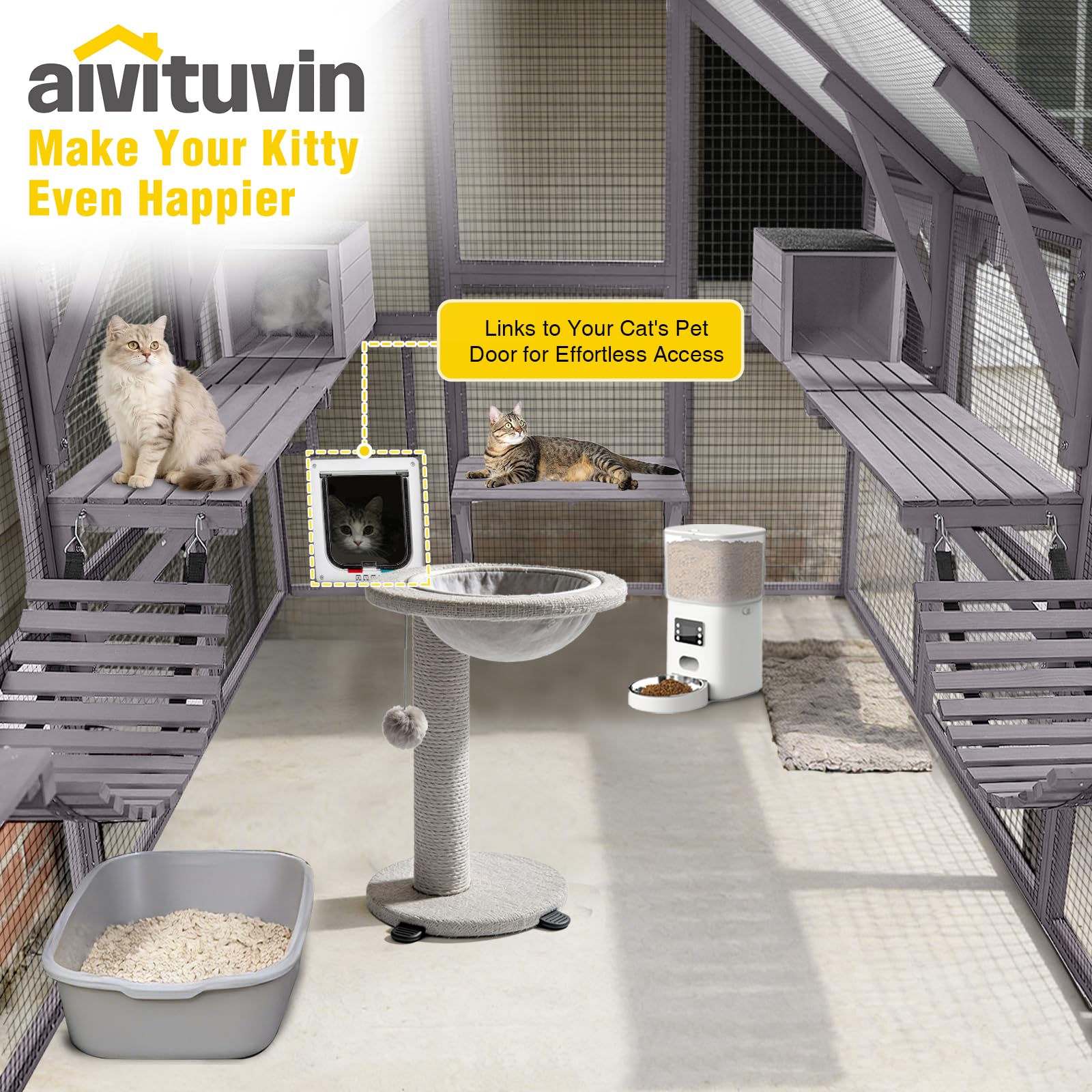 Aivituvin Extra Large Catio Outdoor Cat Enclosure Window Design for 10-20 Cats, 70"H Walk-In Patio Cat House with 4 Access Doors, Waterproof Roof, Spacious Kitty Cage for Multiple Indoor Outdoor Cats