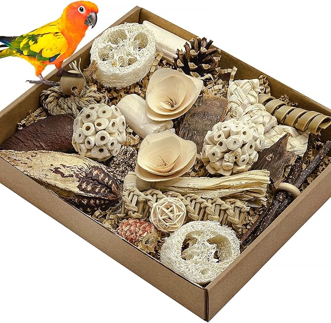 LOPERDEVE Natural Bird Toy Foraging Parrot Shredding Toys Box Conure Chewing Toys for Cockatiel Lovebird Parakeet Budgie Small-Medium Birds (Colorful)