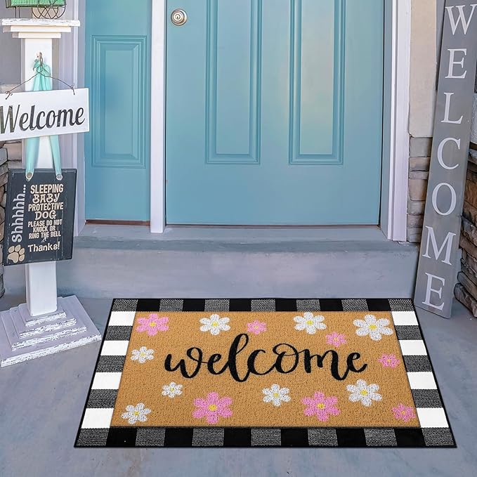 Tinideya 2 Pcs Spring Door Mat Outdoor Layerd Pink Flower Welcome Mat