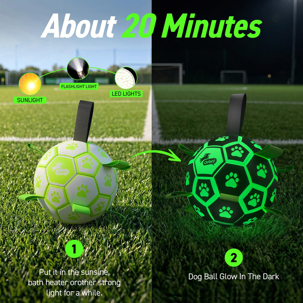 QDAN Glow in The Dark Dog Toys Soccer Ball with Straps, Outdoor Interactive Dog Toys Puppy Birthday Gifts, Dog Tug Water Toy, Light Up Dog Balls for Small & Medium Dogs（6 Inch Size 2）