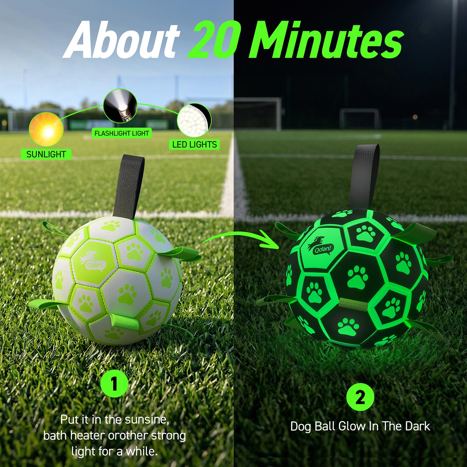 QDAN Glow in The Dark Dog Toys Soccer Ball with Straps, Outdoor Interactive Dog Toys Puppy Birthday Gifts, Dog Tug Water Toy, Light Up Dog Balls for Small & Medium Dogs（6 Inch Size 2）