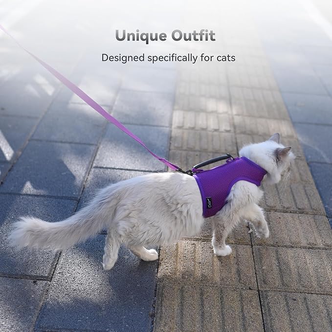 Cat Harness and Leash for Walking Escape Proof Breathable Mesh Fabric, Purple, Medium, Adjustable Cat Walking Jackets with Handle, Padded Stylish Cat Vest