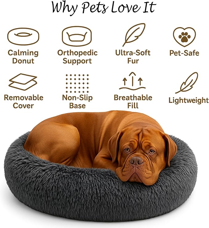 Calming Dog Bed - Fluffy Donut Cuddler for Anxiety Relief, Orthopedic Pet Bed with Non-Slip Bottom, Cozy Round Faux Fur Nest for Dogs and Cats, Plush Crate Mat for Comfort (Dark Grey, Small)
