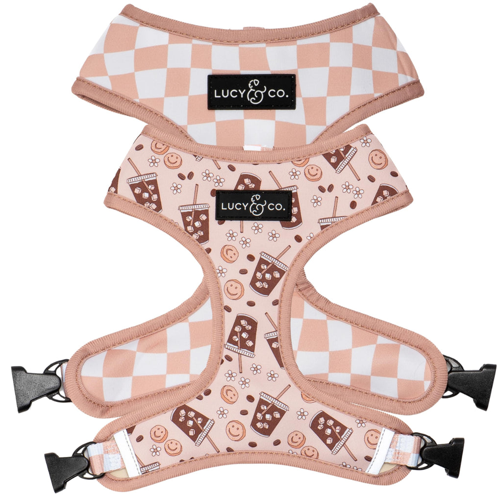 Lucy & Co. Reversible Dog Harness - Water-Repellent Neoprene, Dual-Print Design, Easy Swap Style, Adjustable Comfort Fit - Iced Coffee SZN Reversible Harness - Small