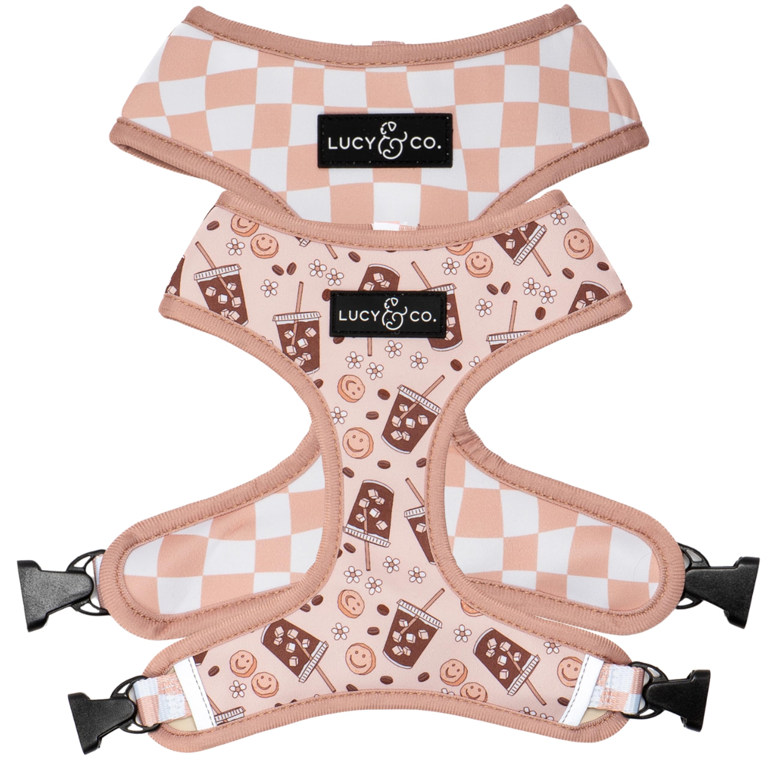 Lucy & Co. Reversible Dog Harness - Water-Repellent Neoprene, Dual-Print Design, Easy Swap Style, Adjustable Comfort Fit - Iced Coffee SZN Reversible Harness - Small