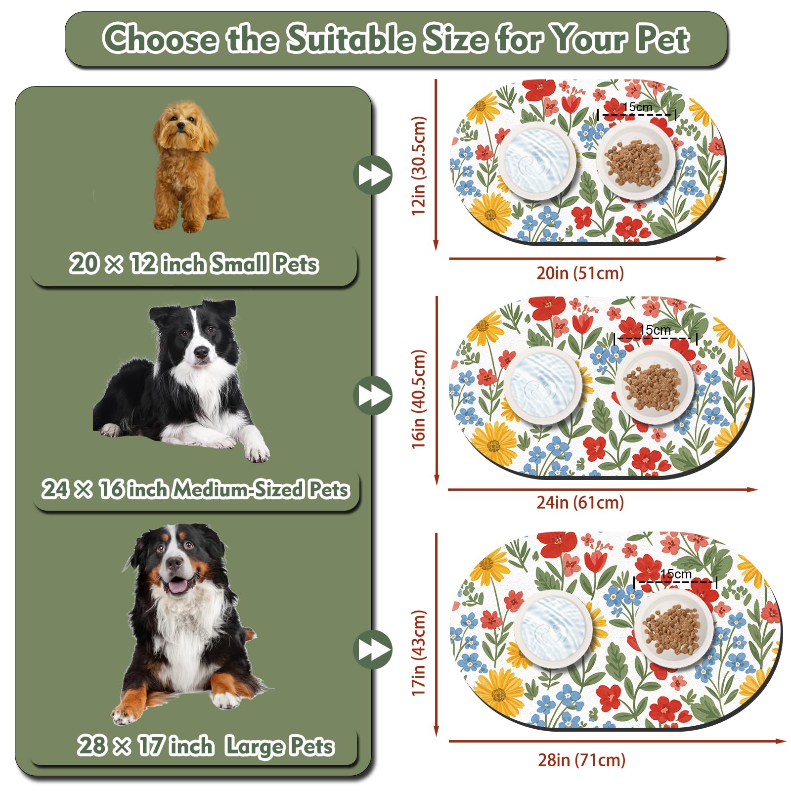 Absorbent Cat Mats for Food and Water 24''x16'', Non-Slip Rubber Mat for Cats Bowls, Easy Store Pet Food Placemat, Mats for Under Cats Food Bowls, Fit with Kitchen, Living Room, White Floral