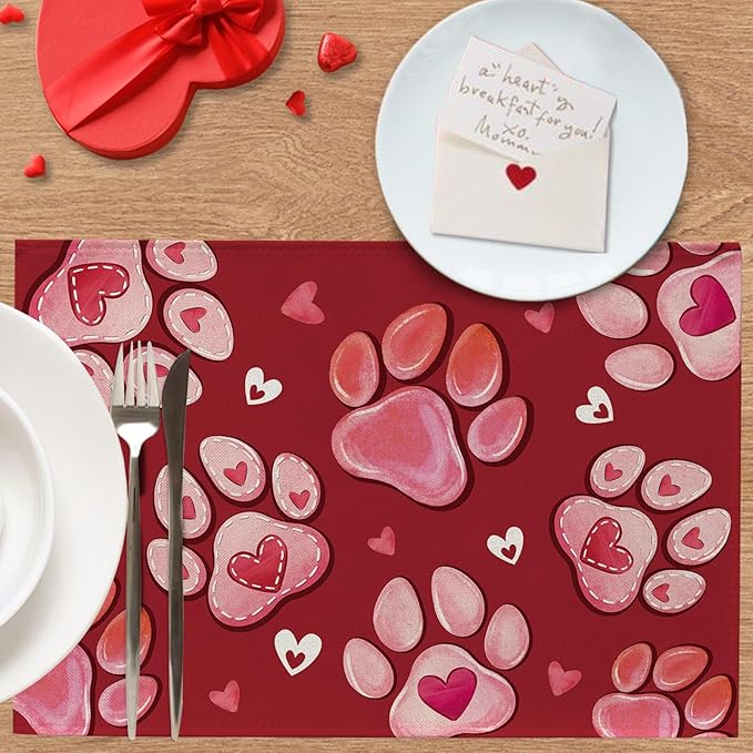 Croar Valentines Day Dog Cat Paw Prints Placemats Set of 4