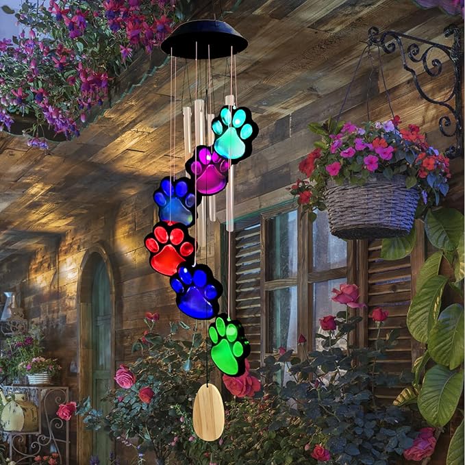 Paw Print Solar Wind Chimes, Color Changing Paw Prints Solar Lights Outdoor