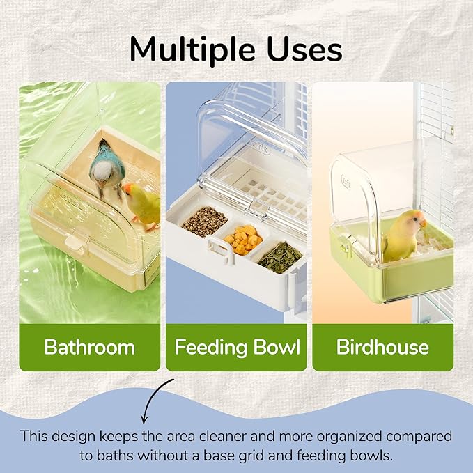 tafit Hanging Bird Bath for Cage with Bowls & Mesh Bottom - 3-in-1 Multifunction Bird Bath/Bowl/House, Bird Shower for Lovebirds, Finches, Parakeets, Budgies, and Other Small to Medium Birds - White