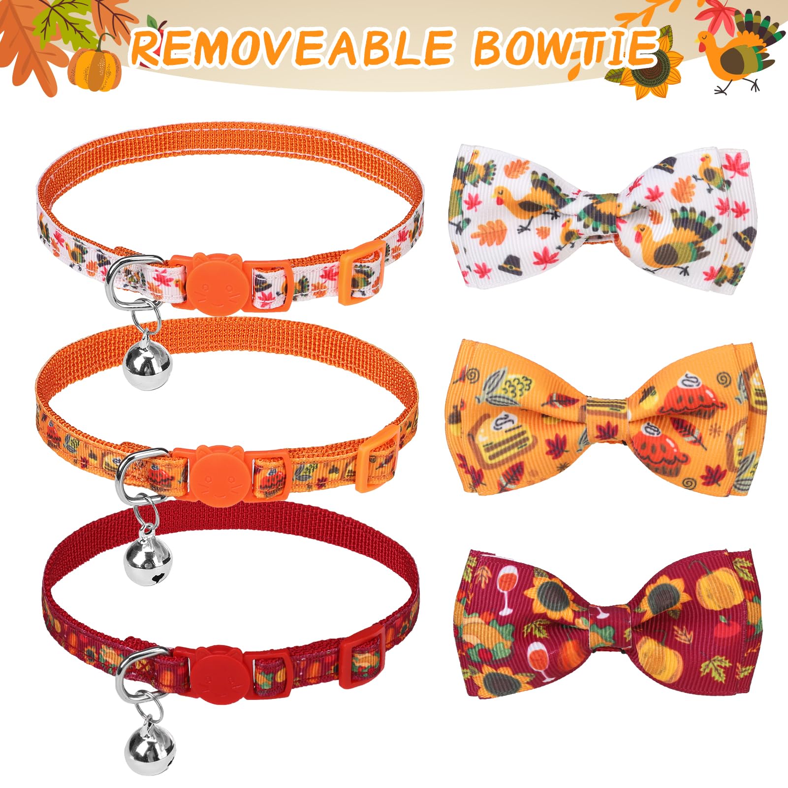 SCENEREAL Thanksgiving Cat Collar Breakaway, 3 Pack Kitten Collars with Bell, Bowtie and Safety Buckle - Adjustable Cute Holiday Cat Collars with Turkey and Pumpkin Pattern for Girl Boy