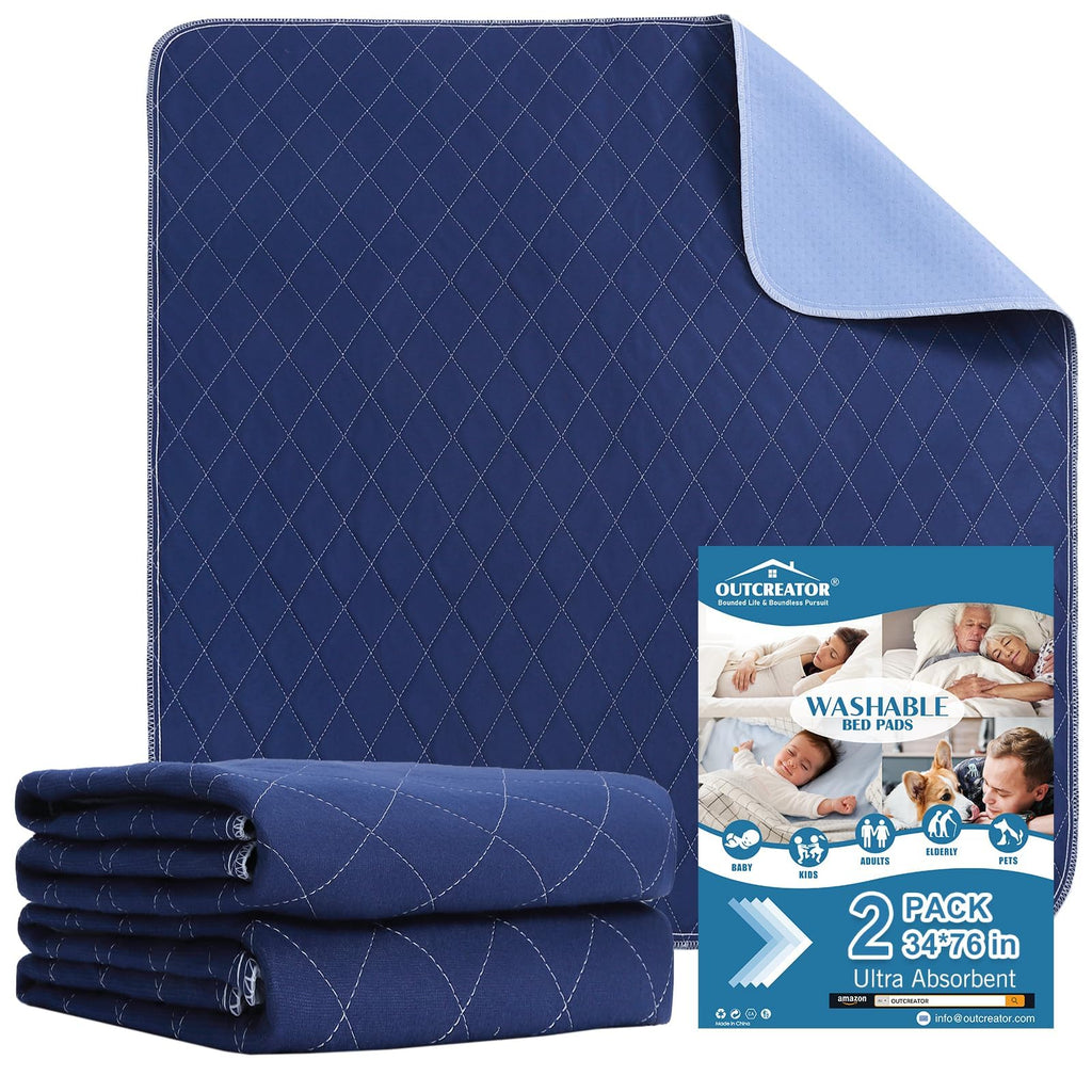 OUTCREATOR® Washable Bed Pads 34" x 76" (Pack of 2), Incontinence Mattress Protector, Anti-Slip Waterproof Underpads for Adults Kids Elderly Pets, Absorbency & Reusable Bedwetting Pads (Dark Blue)