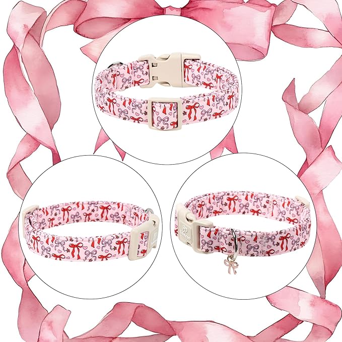 Babole Pet Girl Dog Collar for Small Dogs - Cute Heart Bow Print Girly Dog Collars, Soft Adjustable Spring/Summer Holiday Female Dogs Collar with Quick-Release Buckle XS