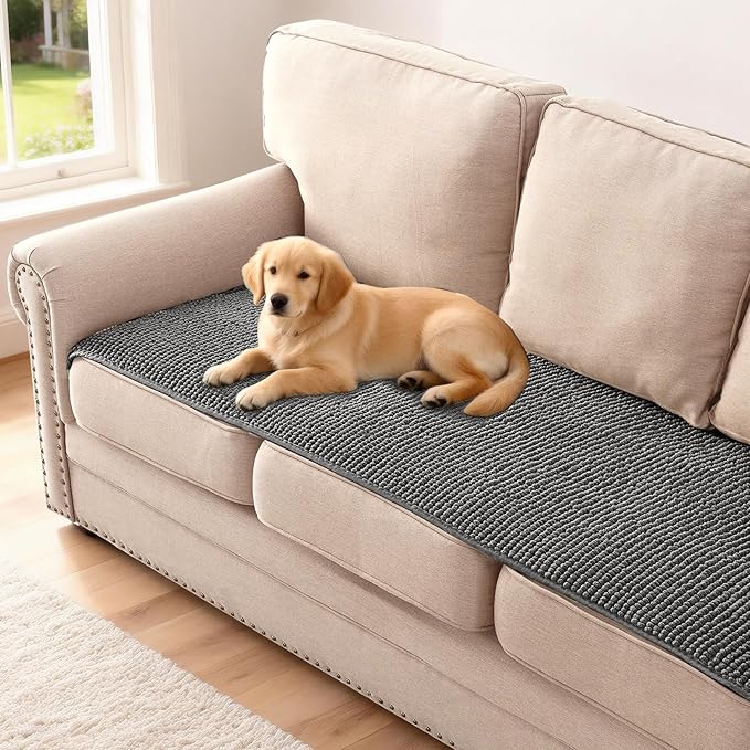 H.VERSAILTEX Plush Chenille Couch Cover for 3 Cushion Couch Anti Slip Washable Sofa Slipcovers Soft and Durable Furniture Protector for Dogs Cats Kids (27.5" x 71", Gray)