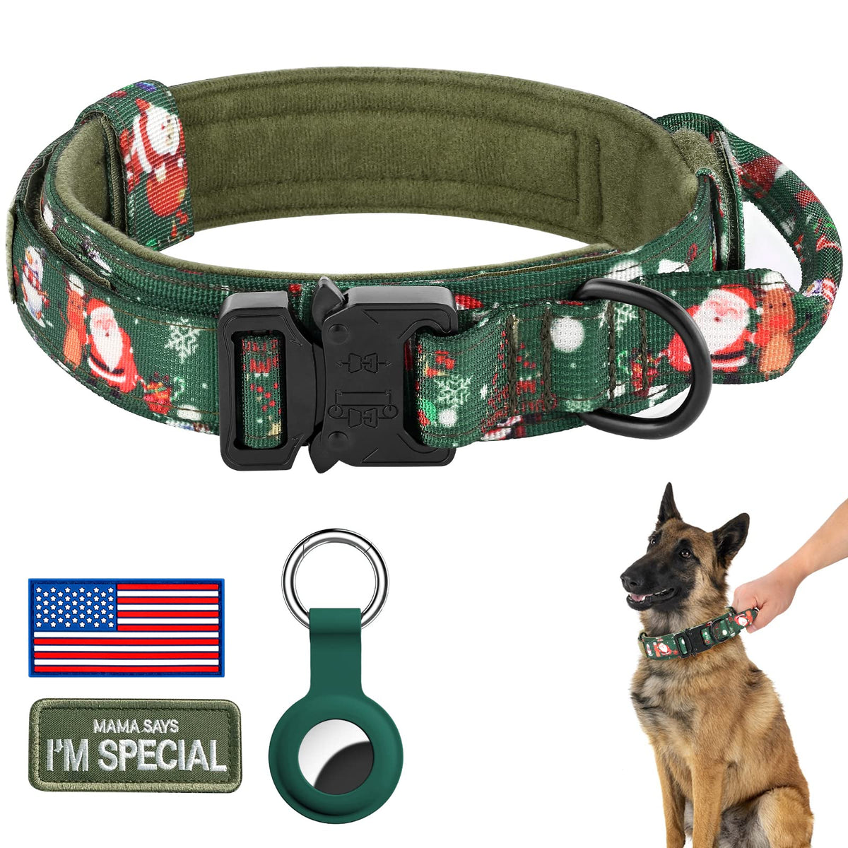 DAGANXI Tactical Dog Collar, Adjustable Military Training Nylon Dog Collar with Control Handle and Heavy Metal Buckle for Medium and Large Dogs, with Patches and Airtags Case (L, Pink)
