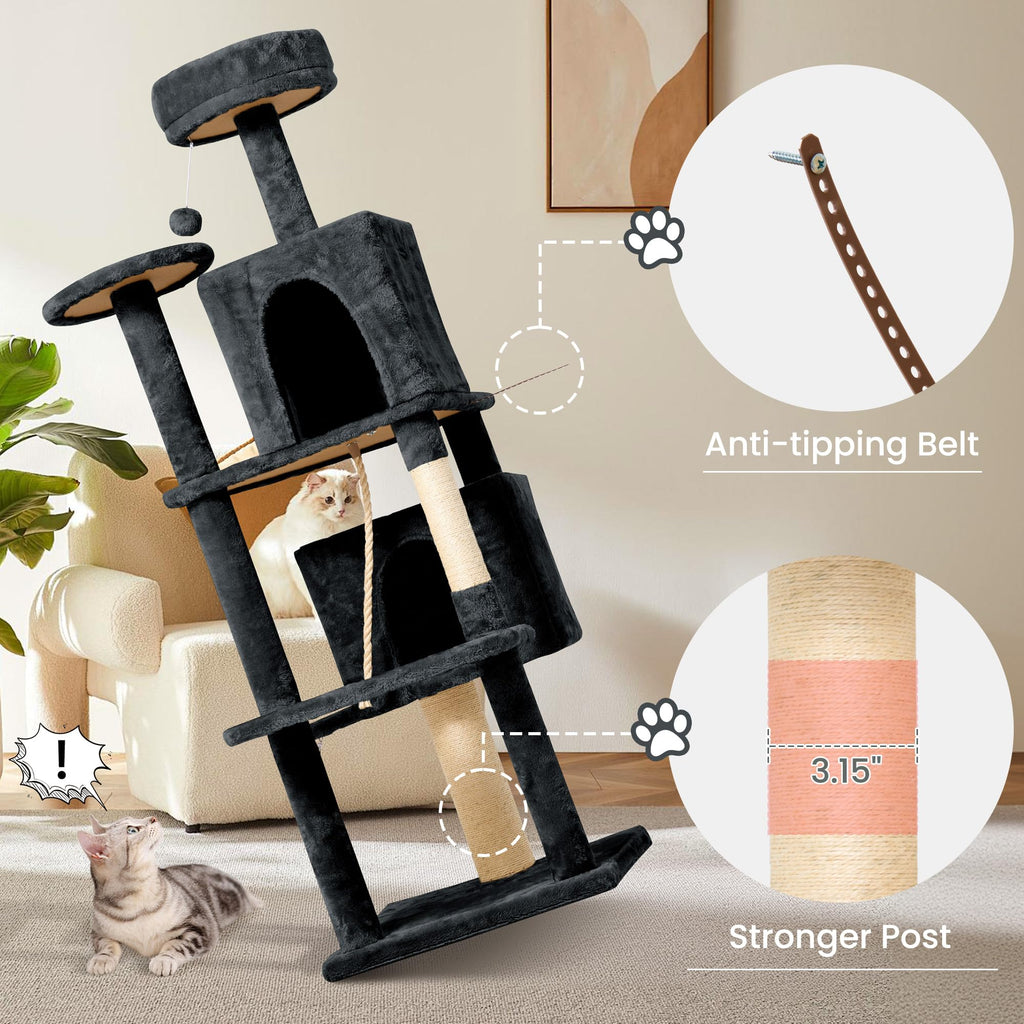 TSCOMON 58.5inch Large Cat Tree Tower Condo for Indoor Cats, Soft Plush Multi-Level Climbing Tree Cat House with Cat Cave, Scratching Post, More Entrance/Exit, Sisal Rope, Grey Black