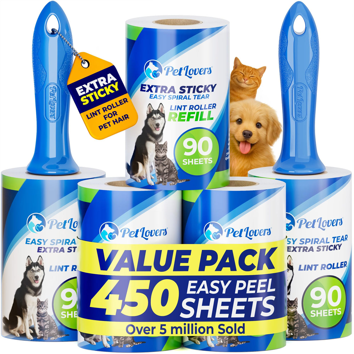 PetLovers 6.3" Large Lint Roller for Pet Hair Extra Sticky 270 Sheets, Ideal for Pet Hair Removal from Furniture & Clothes, Dog and Cat Lint Remover 3 Pack