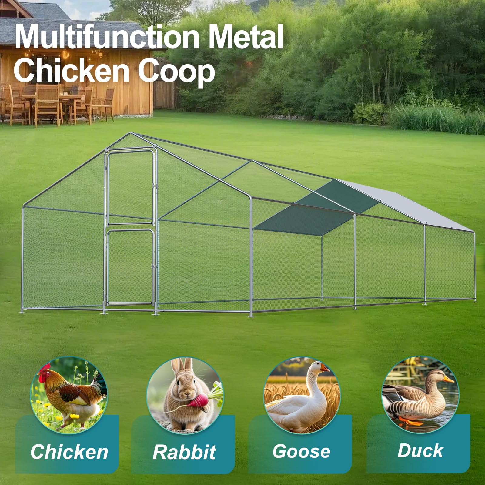 Airynee Large Chicken Coop, Chicken Coops for 30 Chickens, Chicken Runs for Yard with Water Poof & UV Resistance Cover, Spire Roof Chicken Coop Run with Double Lockable Doors for Outdoor Backyard