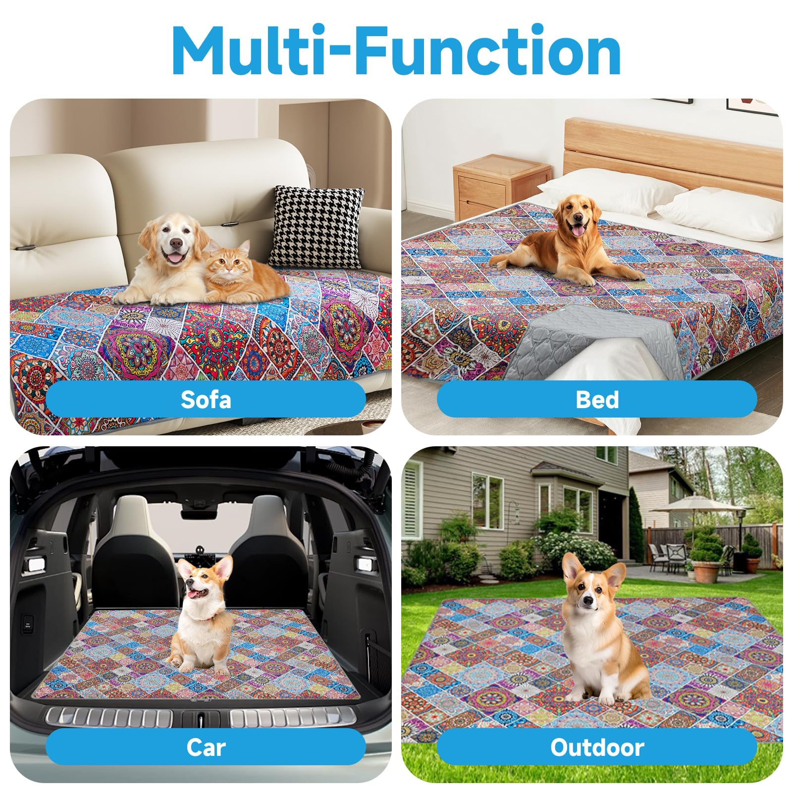 YOSEPATI Waterproof Dog Blanket, Bohemian Dog Bed Cover Pet Blanket, Reversible Sofa Couch Cover for Dogs Washable, Protect Furniture Bed Couch Sofa for Puppy Cat (Colorful Medallion, 52×82 Inch)