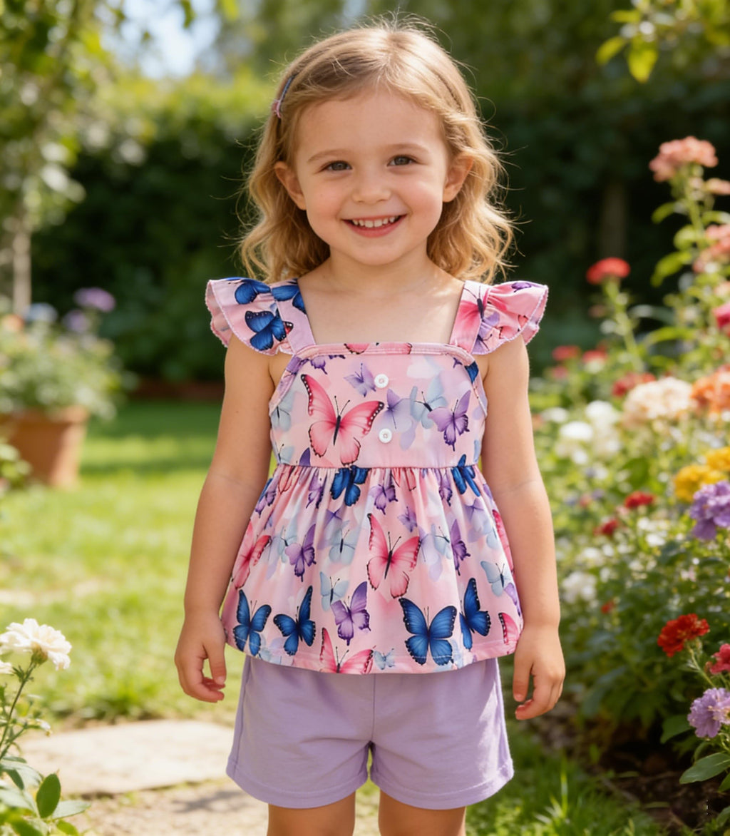 Popshion Girls Short Set Toddler Girls Summer Clothes Butterfly Outfit Ruffle T-Shirt Purple Short Outfits Cute 2 Piece Outfits Size 7t/2040