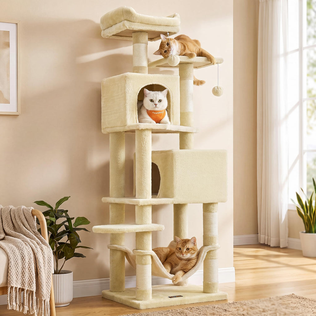 Feandrea Cat Tree, 59.5-Inch Tall Cat Tower, Plush Multi-Level Condo with 5 Scratching Posts, 2 Perches, 2 Caves, Hammock, 2 Pompoms, Beige UPCT192M01