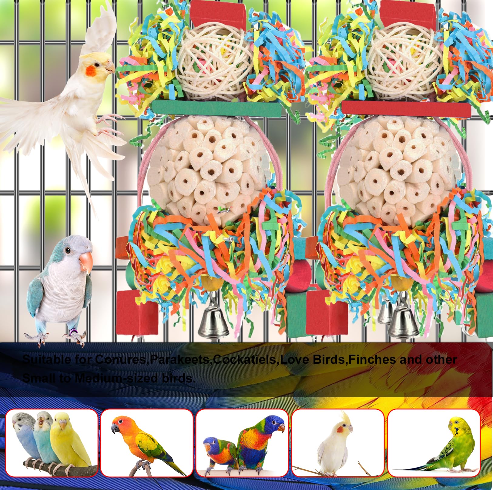 BBjinronjy Bird Toys,2PCS Hanging Natural Soft Sola Ball Beak Chew Shred Forage Toys for Parrots,Cockatiel,Conure,Love Birds,Parakeets,Budgie and Other Small Birds