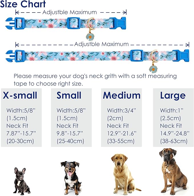 Raisingwell Cotton Dog Collar Blue Flower Pattern for Boys and Girls Cute Dog Collars Summer Fall Gift Adjustable for Medium to X-Large Breed Dogs (L)