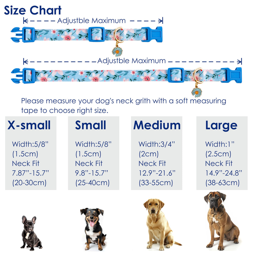 Raisingwell Cotton Dog Collar Blue Flower Pattern for Boys and Girls Cute Dog Collars Summer Fall Gift Adjustable for Medium to X-Large Breed Dogs (L)
