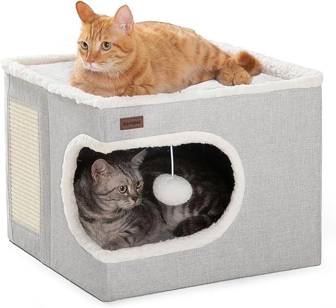 Garnpet Cat Bed for Indoor Cats Cube House, Covered Cat Cave Beds & Furniture with Scratch Pad and Hideaway Tent, Cute Modern Cat Condo for Multi Small Pet Large Kitten Kitty, Large