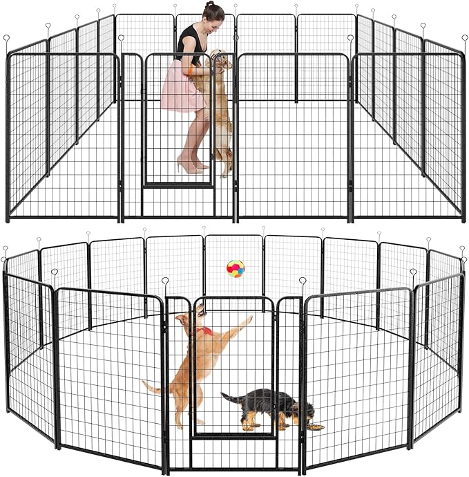 Dog Playpen Outdoor Extra Wide 16 Piece Panels Heavy Duty Dog Fence 50" Height Anti-Rust with Doors Portable for RV Camping Yard, Total 42FT, 140 Sq.ft, Snowy Black
