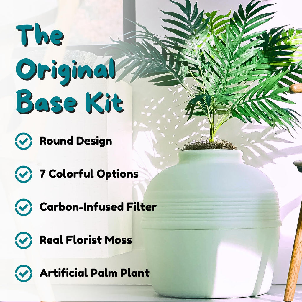Good Pet Stuff Original Hidden Litter Box Planter, Decorative Cat Litter Enclosure, Carbon Filter, Faux Plant, Round Design, Easy to Clean, Base Kit, Palm Plant, Mint Green