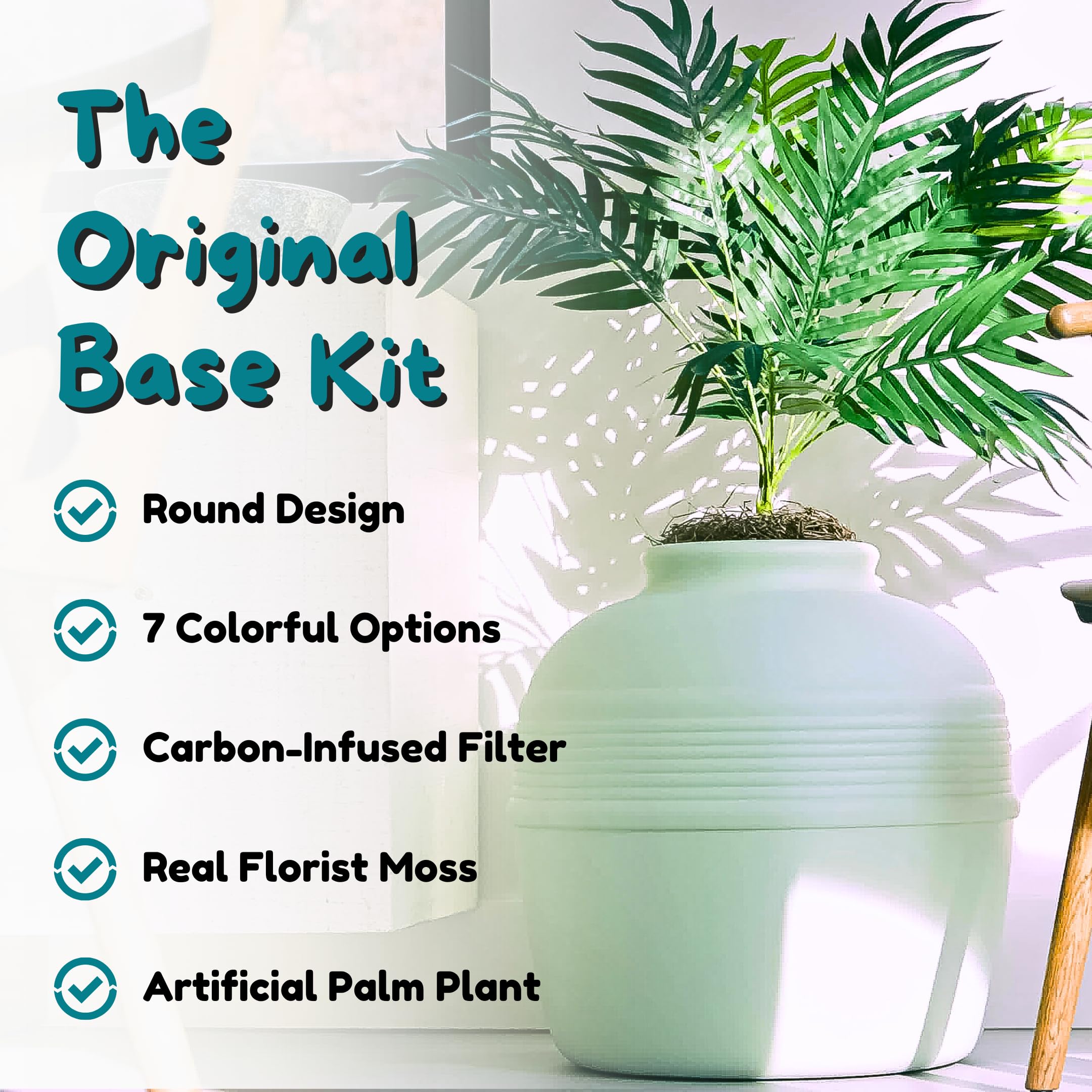 Good Pet Stuff Original Hidden Litter Box Planter, Decorative Cat Litter Enclosure, Carbon Filter, Faux Plant, Round Design, Easy to Clean, Base Kit, Palm Plant, Mint Green