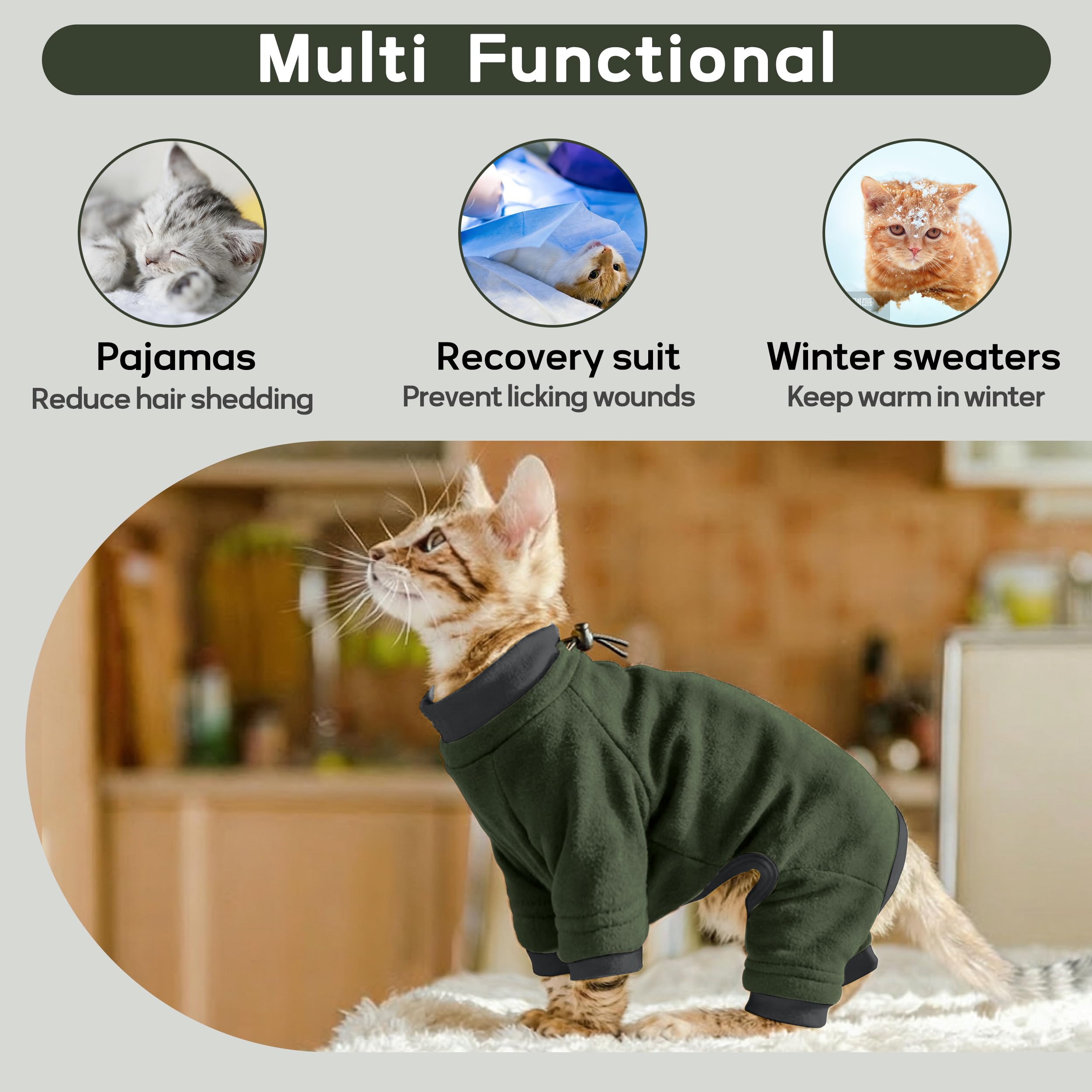 PUMYPOREITY Sticky Hair Cat Clothes, Prevent Hair Loss Cat Pajamas, Soft Cat Sweaters for Cats Only, Cat Hair Sticky Onesie, Cat Recovery Suit After Surgery, Green, XL