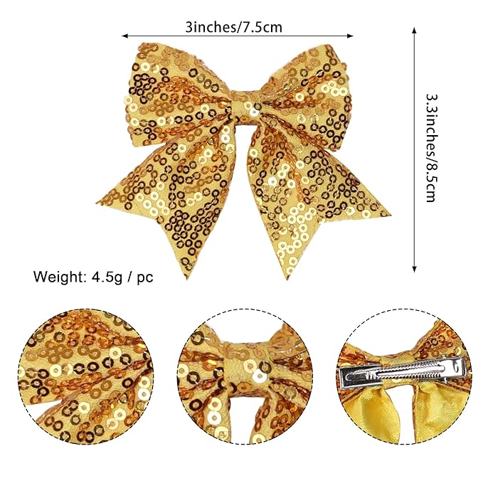 3-inch Sequined Bow Hair Clips For Baby Girls, Toddler, Kids and Young Women Birthday Party Wedding Christmas Occasions Pet Accessories Set of 2 (Black)