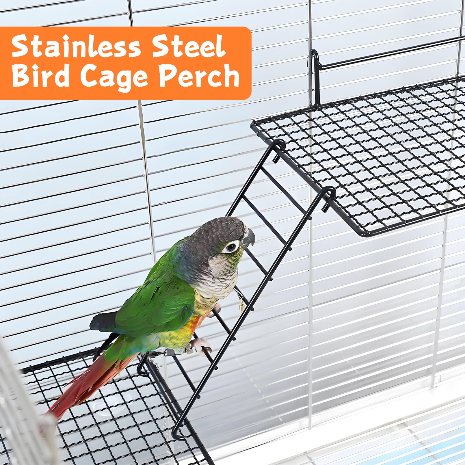 BNOSDM 4 PCS Bird Perches Platform, Stainless Steel Grid Platform for Parakeet Parrot Stand with Climbing Ladder Bird Cage Accessories for Small to Large Birds (Black)