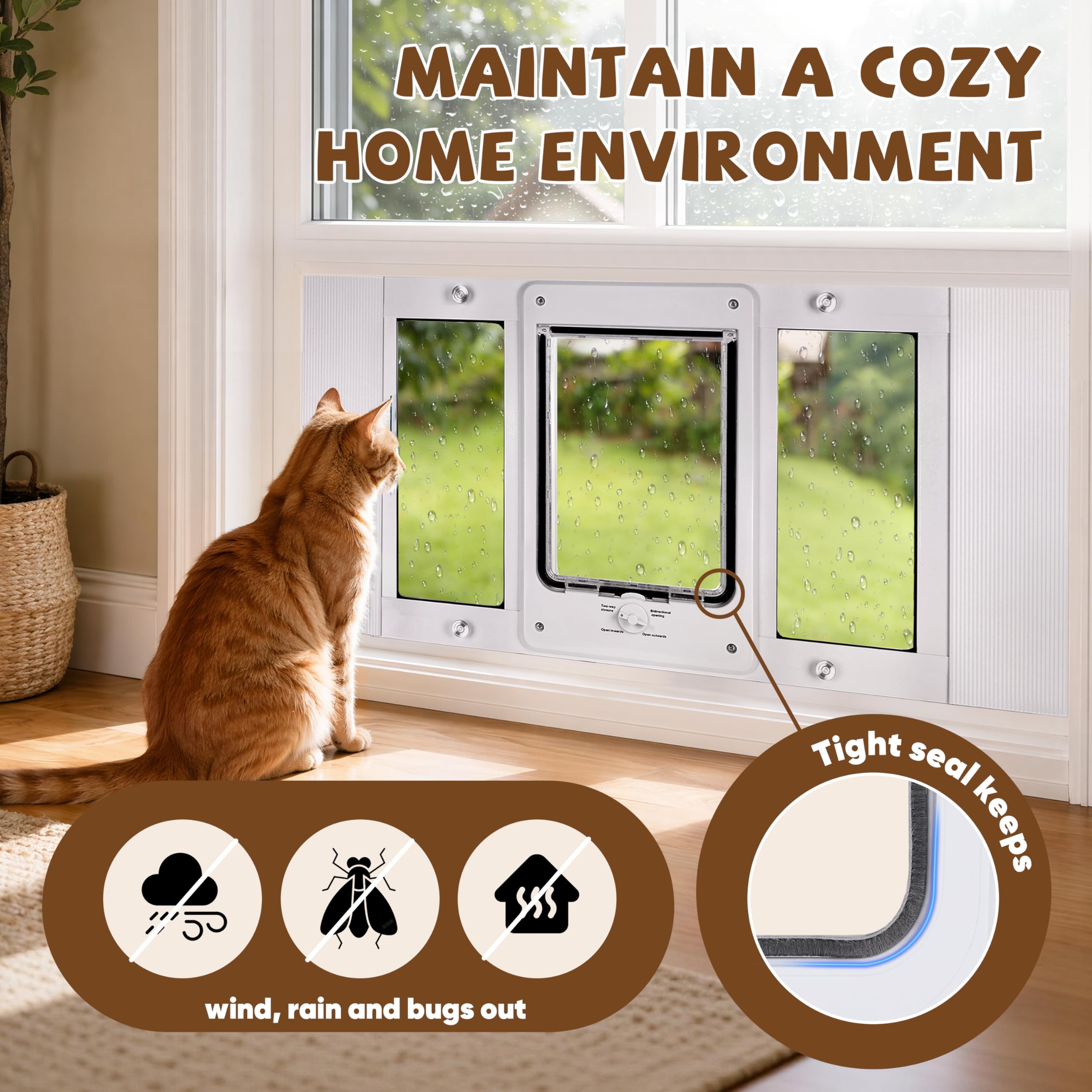 Full-Size Window Pet Door for Cats & Small Dogs, Width Adjustable Fits Sliding Windows, 10-Min Install, Aluminum Frame, HD High-Transparency Glass, Weatherproof Design, Magnetic Close