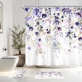 Navy Blue Floral Watercolor 4Pcs Bathroom Shower Curtain Set with Rugs