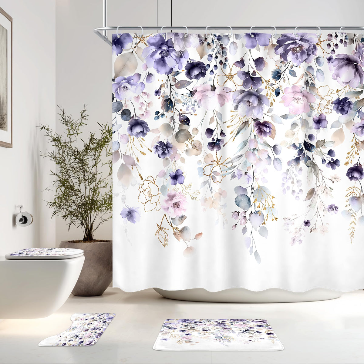 Navy Blue Floral Watercolor 4Pcs Bathroom Shower Curtain Set with Rugs