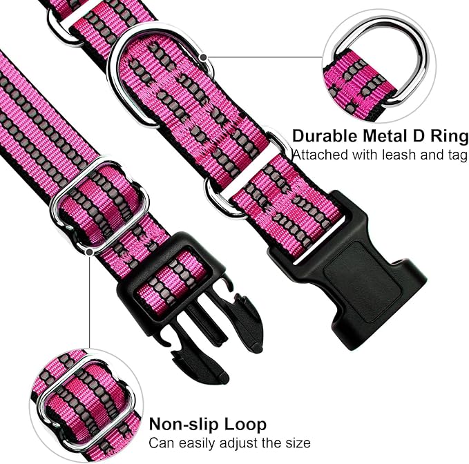 JOYEEIIOO Martingale Dog Collar, Adjustable Nylon Reflective Collar with Quick Release Buckle, No Pull Dog Training Collars for Small Medium Large Dogs (Pink, M)