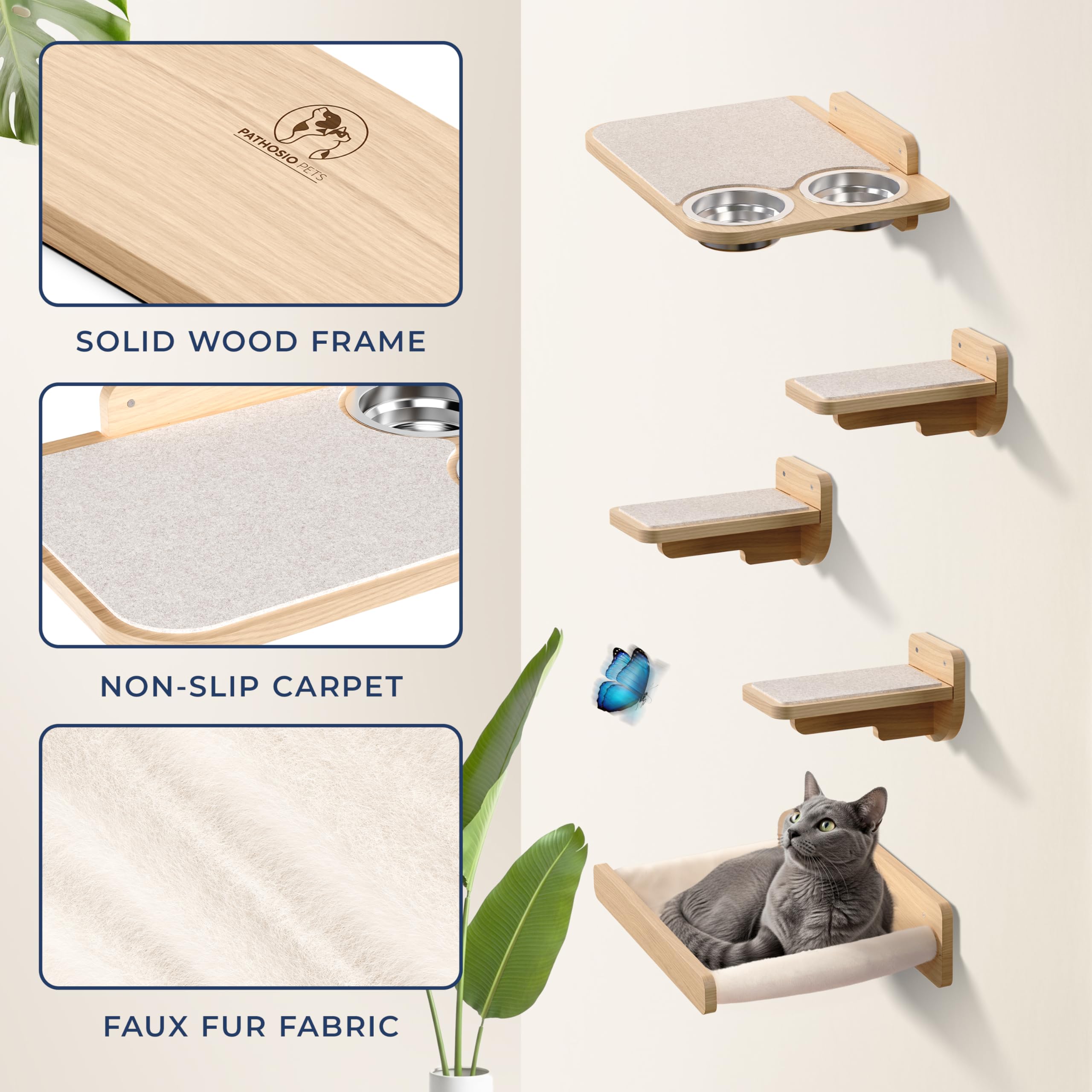 PATHOSIO PETS Space-Saving Cat Wall Shelves – Interactive Cat Wall Climber with Hammock & Dog Proof Feeding Station for Small & Medium Indoor Breeds – Solid Natural Wood with Beige Carpet